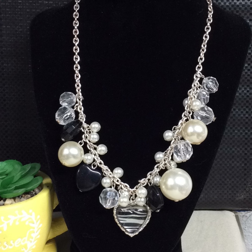 Black white beads on silver chain zebra printheart
